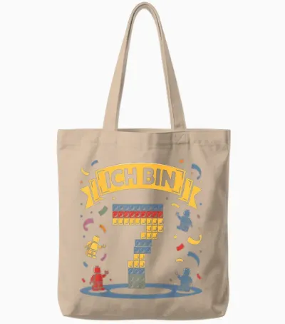 T-Shirt with German Text "ich Bin 7 Bausteine 7th Birthday" Boys Girls Birthday Tote Bags - Natural