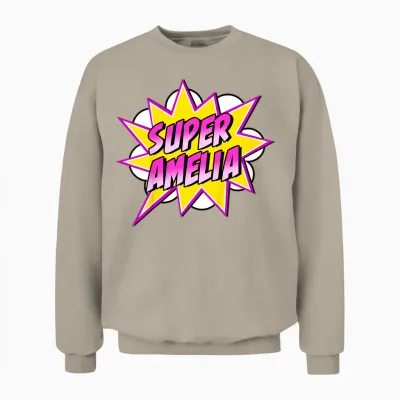 Kids Girls Amelia Name Cartoon Superhero Unisex Sweatshirt - Sand