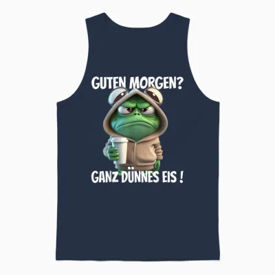 Funny T-Shirt with German Text "guten Morgen? Ganz Dünnes Eis!" Frog Motif, Black Unisex Tank Top - Navy