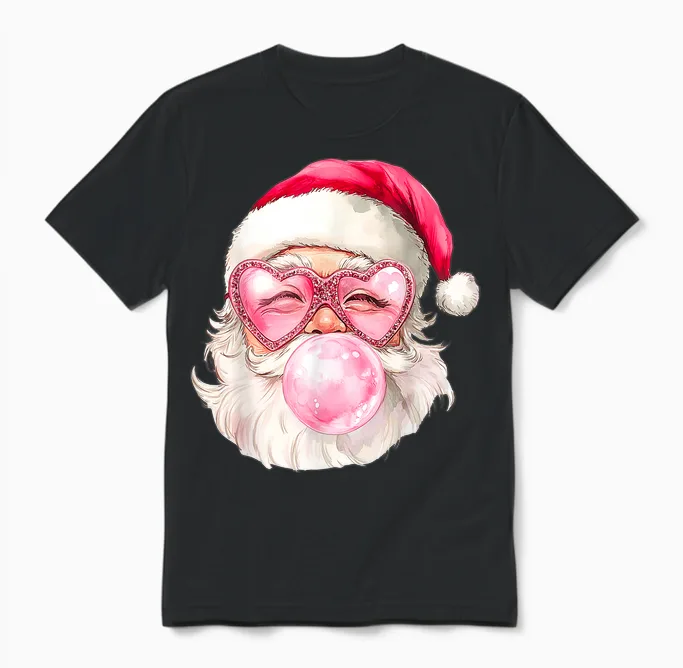Vintage Retro Santa Christmas Bubble Gum Pink Sunglasses Unisex T-Shirt in Black