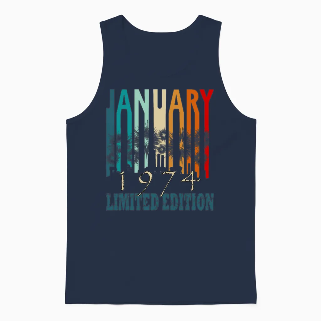 Born 1974 Januar Y Vintage Gift Unisex Tank Top in Navy