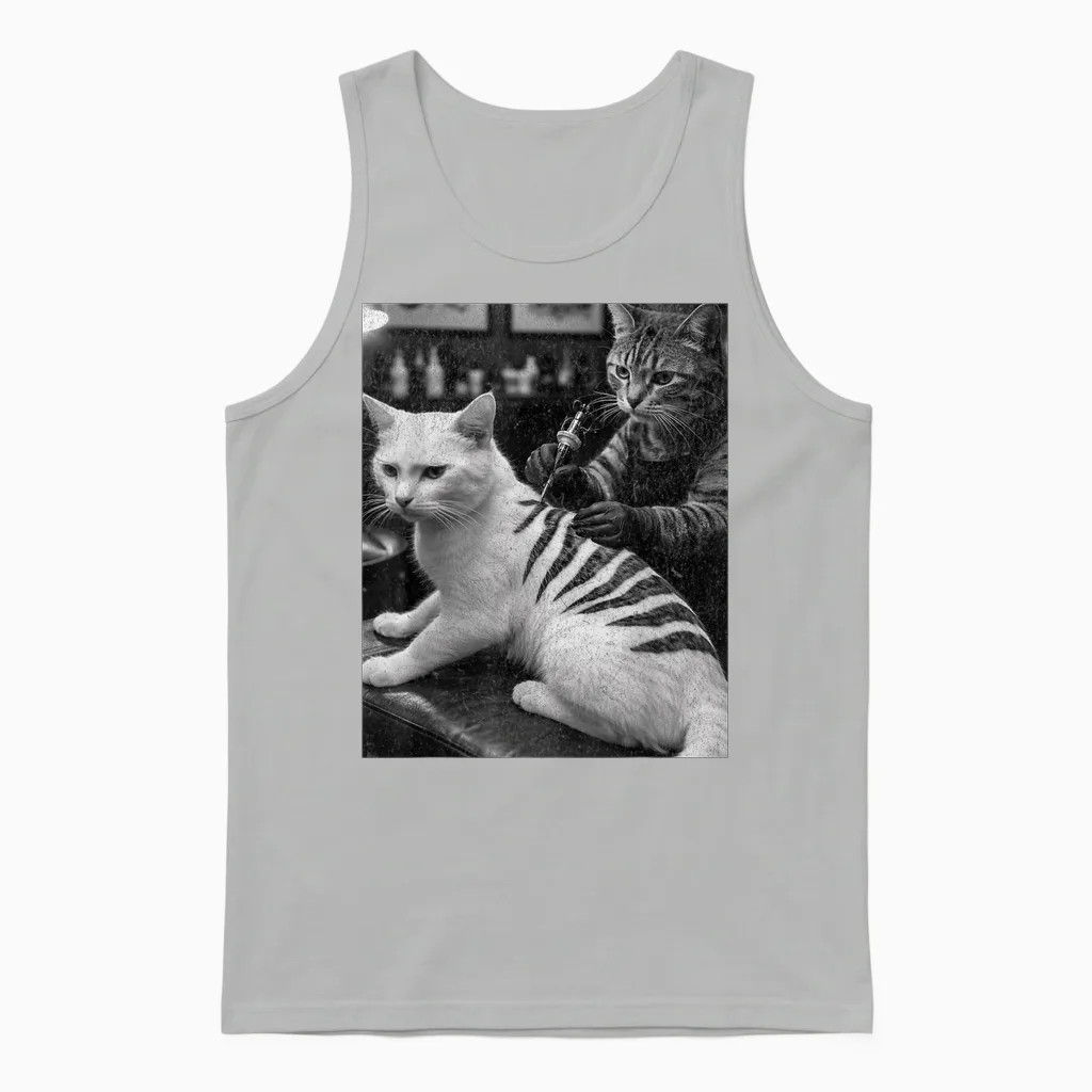 Retro Cats Tattoo Dark Humour Cat Gets Inked Unisex Tank Top in Ash