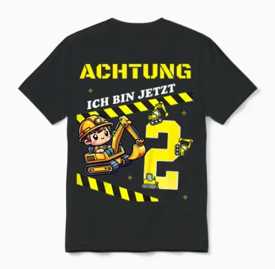 Kids 2nd Birthday Digger Construction Worker 2 Year Old Boy Gift T-Shirt, Black Unisex T-Shirt - Black