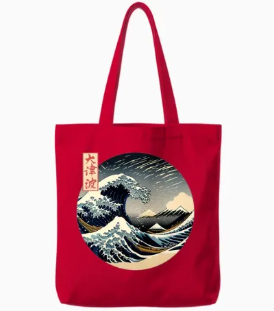 The Great Wave Kanagawa Japanese Streetwear Long Sleeve, Black, S Tote Bags - Red
