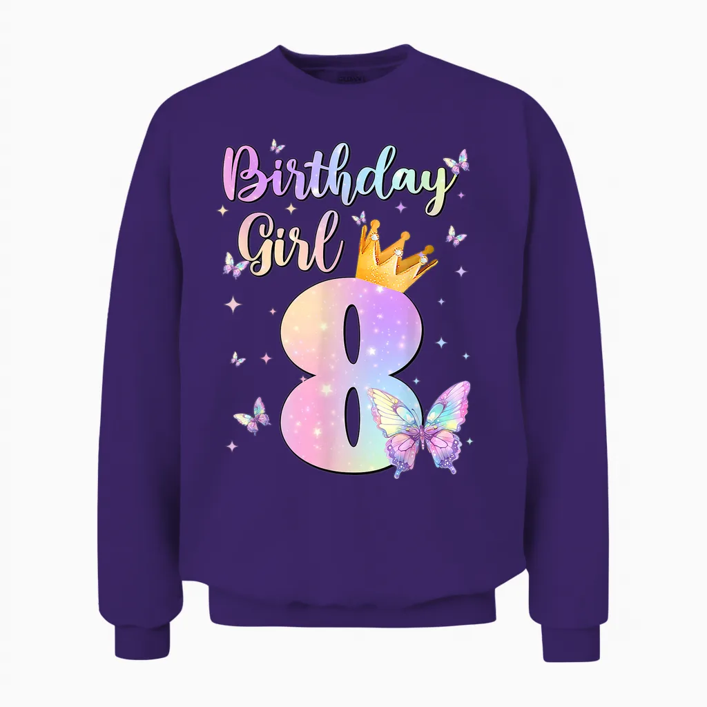 Birthday Girl 8 Year Old Butterfly Theme Party 8th Bday Unisex Sweatshirt in Purple