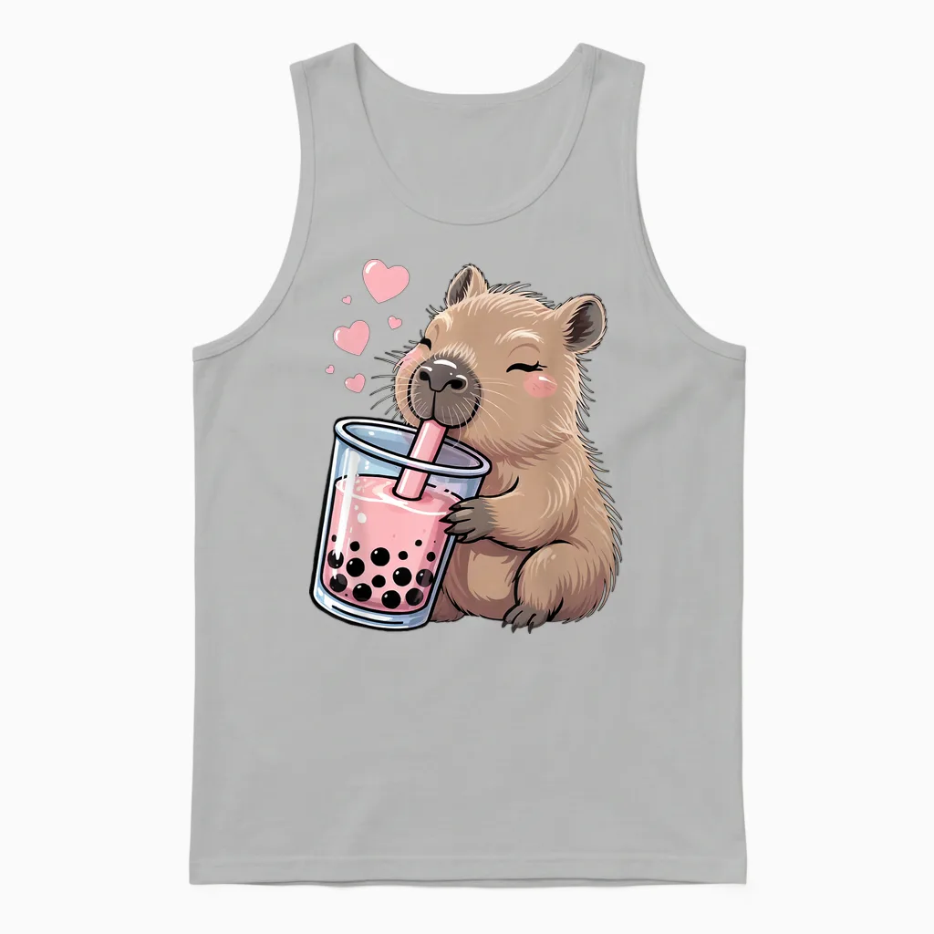 Kawaii Capybara Drink Bubble Tea Lover Girls Unisex Tank Top in Ash