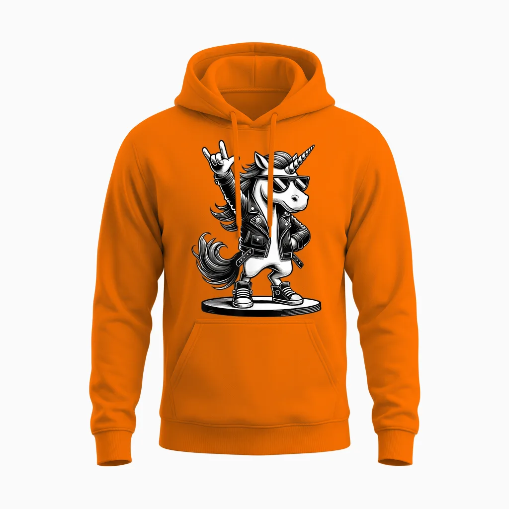 Rock Music & Heavy Metal Rocker, Funny Unicorn Rockhand T-Shirt, Black Unisex Hoodie in Safety Orange