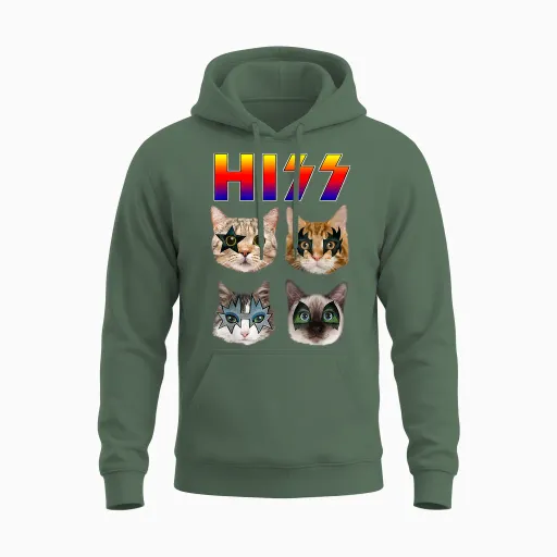 Hiss Funny Cats Kittens Rock Rockin Short Sleeve T-Shirt Gift Tee Pun Unisex Hoodie - Military Green