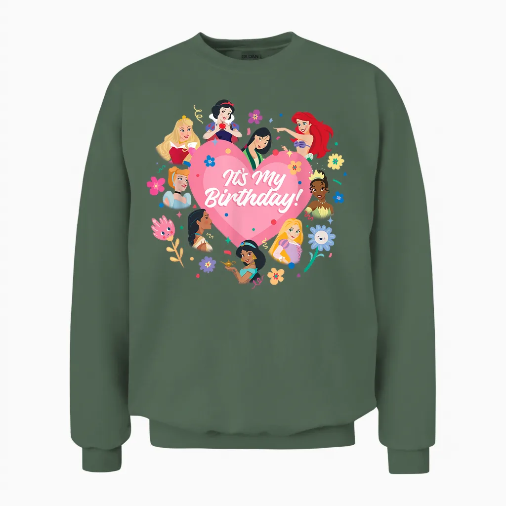 Disney Princess Pink Heart and Flowers It's My Birthday T-Shirt, Black, S Unisex Sweatshirt in Military Green