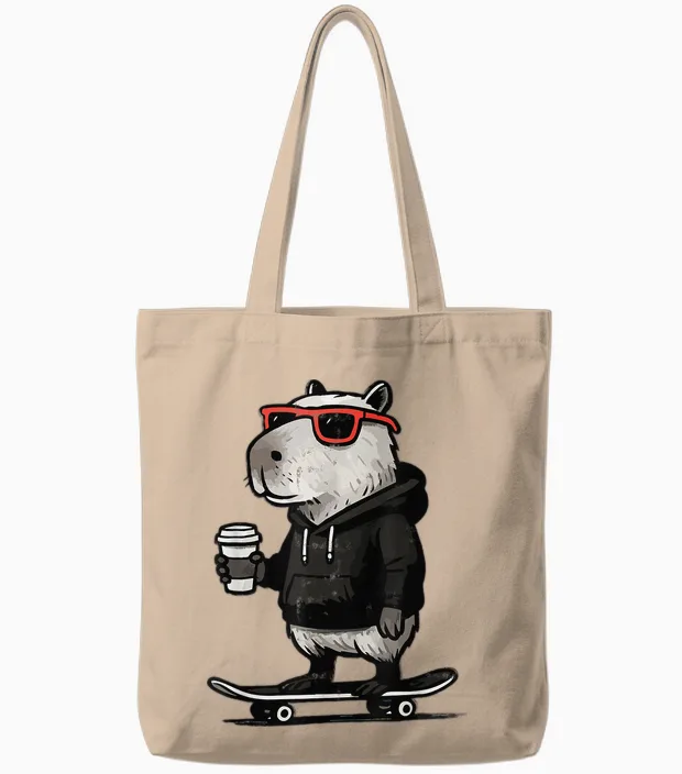 Cool Capybara on Skateboard with Coffee Funny Skater Kapy Tote Bags in Natural