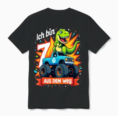 Kinder Ich Bin 7 Dinosaurier Monstertruck Kindergeburtstag Unisex T-Shirt - Black