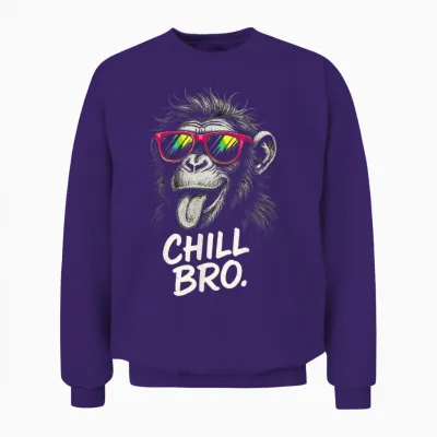 Chill Bro Cool Monkey with Sunglasses Funny Saying Gamer T-Shirt, Black, S Unisex Sweatshirt - Purple