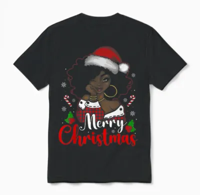 Merry Christmas Black African Girl Santa Hat Xmas Pajamas Unisex T-Shirt - Black