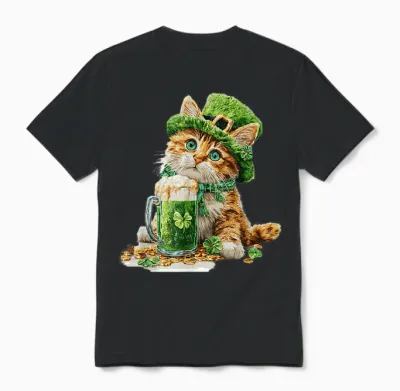 St. Patrick's Day Cat, Kitten Lover, Kids Boys Unisex T-Shirt - Black