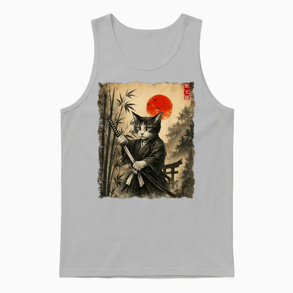 Samurai Cat Japanese Art Men Boys Funny Graphic Tee Anime Unisex Tank Top in Ash