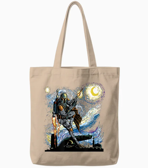 Star Wars Classic Boba Fett Van Gogh's Starry Night Painting Tote Bags in Natural