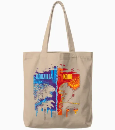 Godzilla X Kong T-Shirt, Unisex-Adults, Short Sleeve, Black, Small Tote Bags - Natural