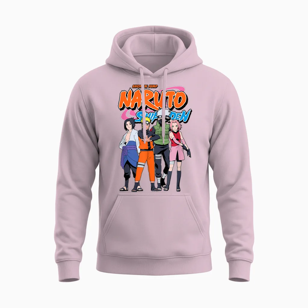 Naruto Shippuden Team 7 with Naruto Logo Anime Unisex Hoodie in Light Pink