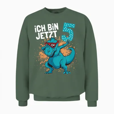 Children's Birthday Shirt 5 Years Boy Dinosaur | Dino Ich Bin 5 T-Shirt, Black Unisex Sweatshirt - Military Green