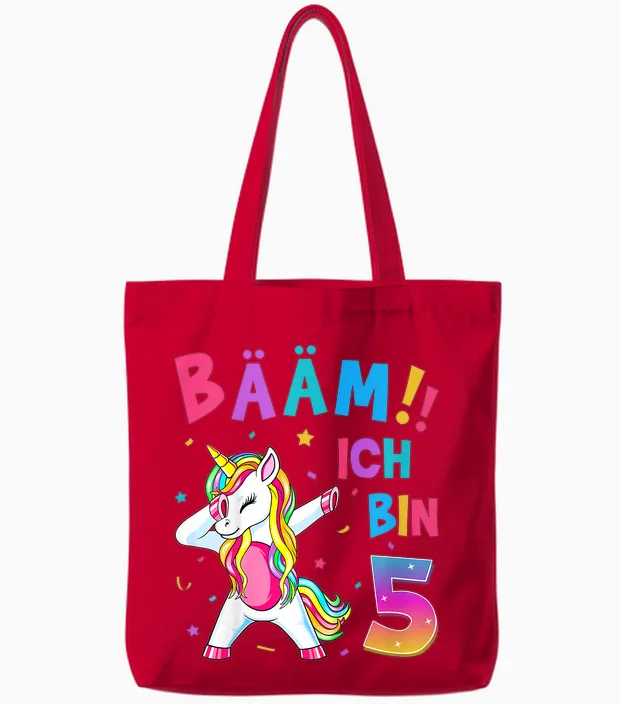 Children's 5th Birthday Girl 5 Years Old Dancing Funny Unicorn T-Shirt, Black Tote Bags in Red