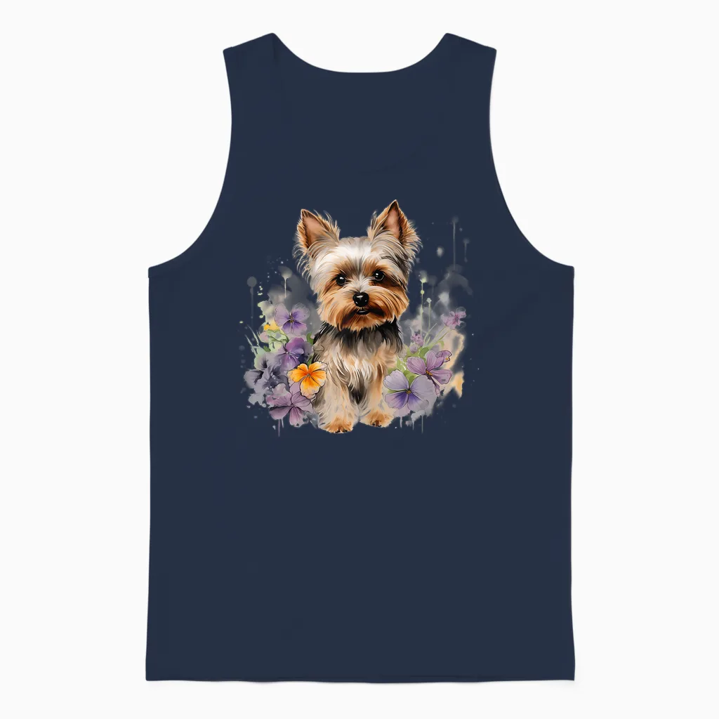 Yorkshire Terrier Mom Floral Yorkie Dog Lover Flowers Cute T-Shirt, White Unisex Tank Top in Navy