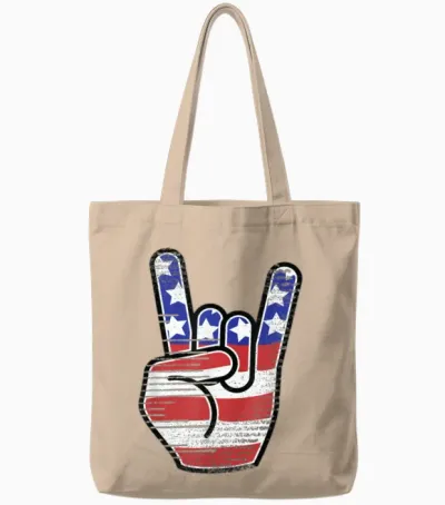 Rock N Roll Usa Flag Horns Sign Retro Band Tote Bags - Natural