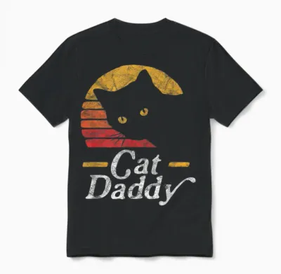 Cat Daddy Vintage Eighties Style Cat Retro Distressed Unisex T-Shirt - Black