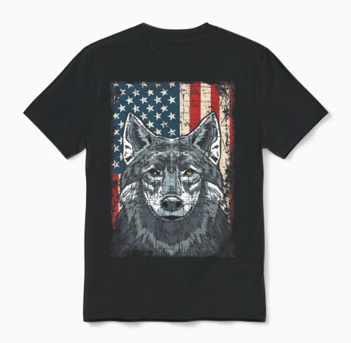 Wolf 4th of July American Flag Howling Wolves Unisex T-Shirt in Black