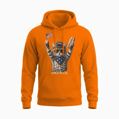 Retro Funny America Cat Hot Dog Lovers Patriotic Us Unisex Hoodie - Safety Orange