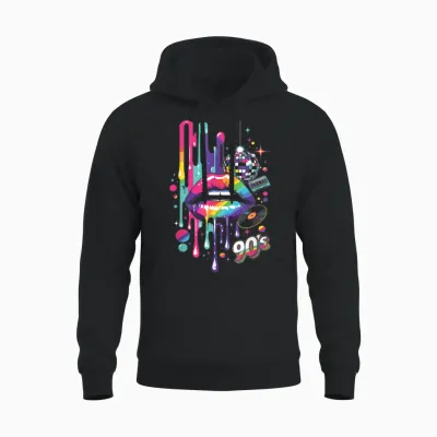 Colourful 90s Lips Retro Disco Cassette Vinyl Party Unisex Hoodie - Black