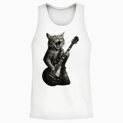 Cat Playing Guitar Rock Funny Unisex Tank Top - White