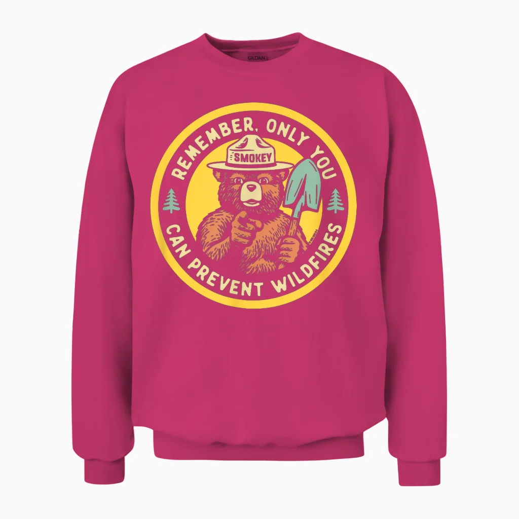 Remember Only You Can Prevent Wildfires Pointing Smokey Bear Unisex Sweatshirt in Heliconia