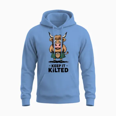 Highland Cattle Bull Wearing Kilt Keep It Kilted Unisex Hoodie - Carolina Blue