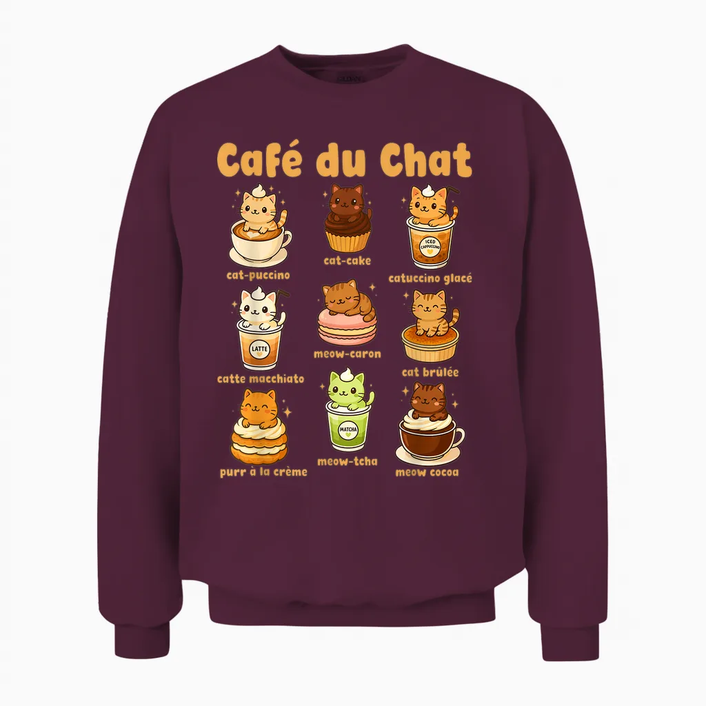 Café Du Chat Cute Cats Coffee Pun Kawaii Drink Art Unisex Sweatshirt in Maroon