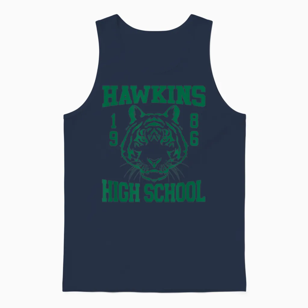 Stranger Things 4 Hawkins High School Green Logo Unisex Tank Top in Navy