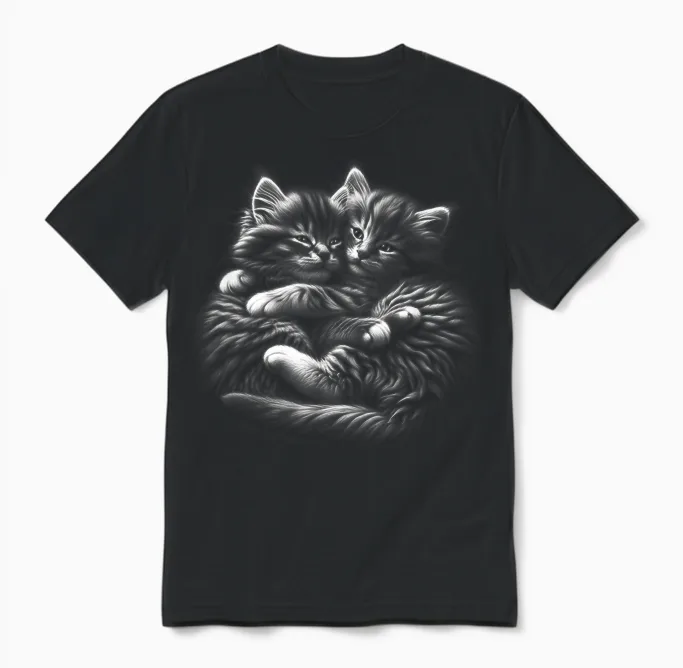 Myanimal - Your Favourite Animal Wear: Süße Umarmende Kätzchen Im Photorealistischen Zeichenstil T-Shirt Für Katzenliebhaber, Alle Altersgruppen - Unisex Erwachsene - Schwarz - S Unisex T-Shirt in Black