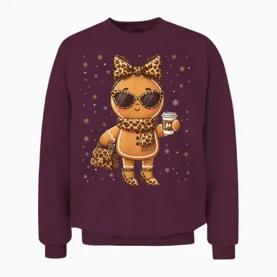 Cute Gingerbread Leopard Christmas Xmas Girl Women Unisex Sweatshirt - Maroon
