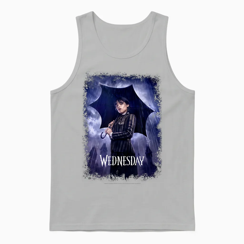 Wednesday Black Umbrella Under the Rain Real Photo Portrait T-Shirt, Black Unisex Tank Top in Ash