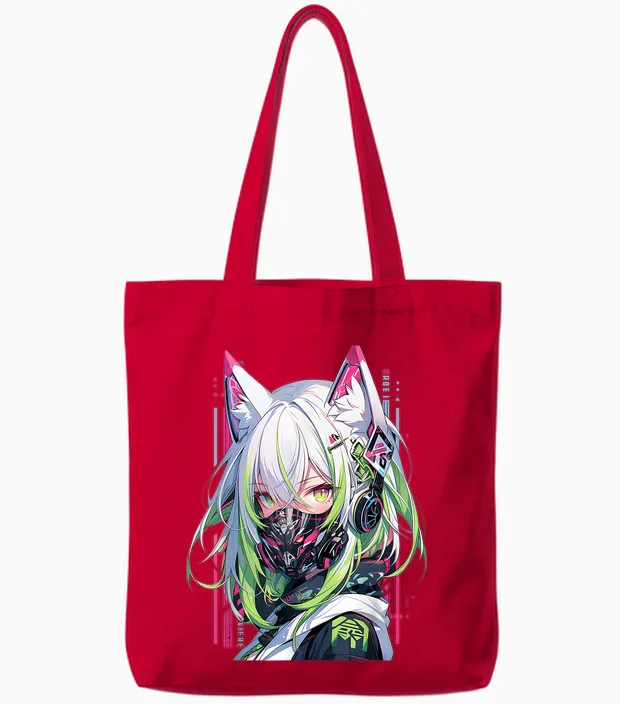 Manga Anime Aesthetic Cyberpunk Techwear Harajuku T-Shirt, Black Tote Bags in Red