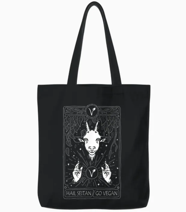 Hail Seitan Go Vegan Funny Tarot Card Design for Vegan T-Shirt, Black Tote Bags in Black
