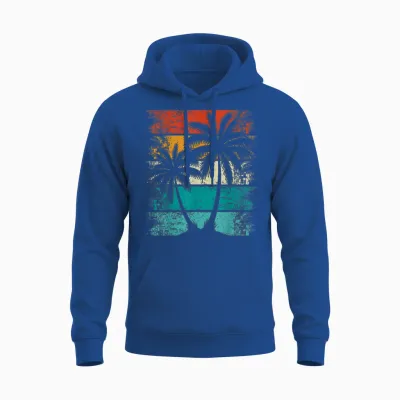 Cooler Sommerurlaub, Retro-Sonnenuntergang Palme Unisex Hoodie - Royal