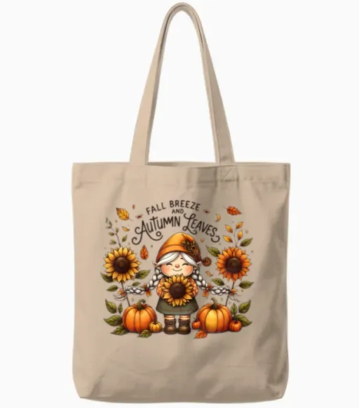 Fall Breeze & Autumn Leaves - Cute Sunflower Gnome Tote Bags in Natural