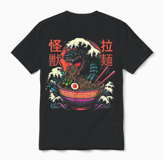 Kaiju Monster Kanagawa Japan Is Ramen Noodles Dragon Anime T-Shirt, Black Unisex T-Shirt in Black