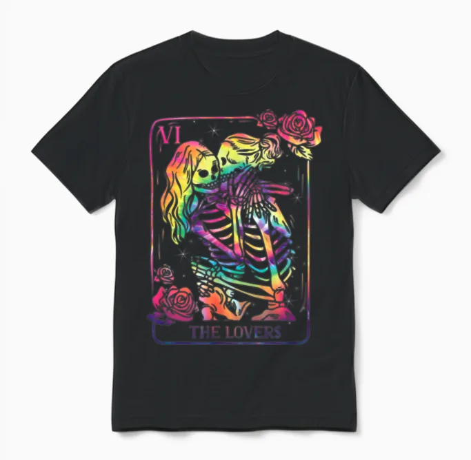 The Lovers Tarot Card Goth Tie Dye Kissing Lesbian Unisex T-Shirt in Black