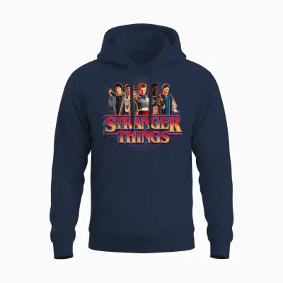 Stranger Things Season 5 Main Crew 80's Style Group Logo Unisex Hoodie - Navy