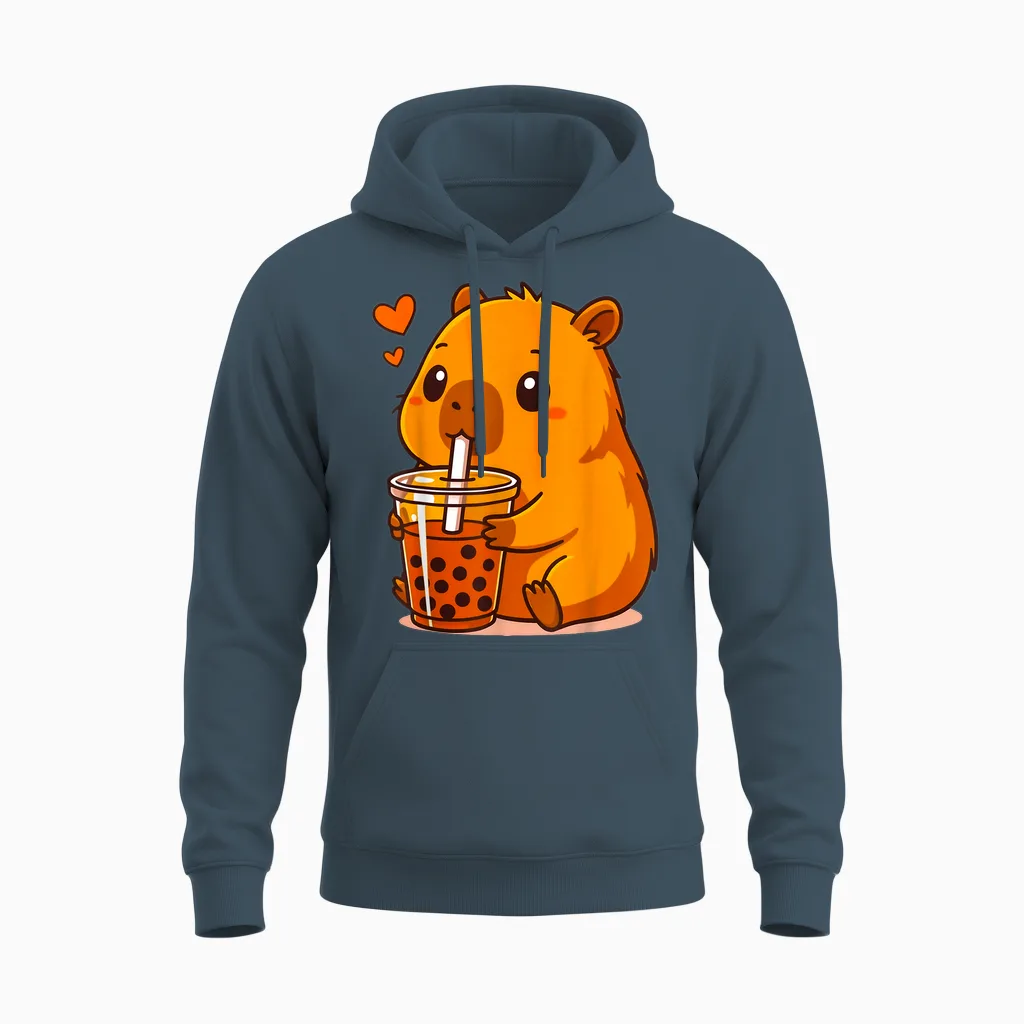 Kawaii Capybara with Bubble Tea Sweet Capybara Boba Milk Tea Unisex Hoodie in Dark Heather