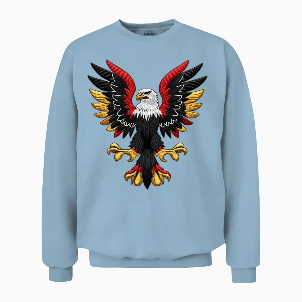 German Eagle with Black Red Yellow Wing Art Design Unisex Sweatshirt in Light Blue