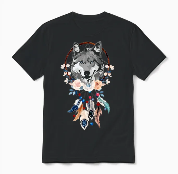 Beautiful Dreamcatcher Women Girls Wolf Feathers Unisex T-Shirt in Black