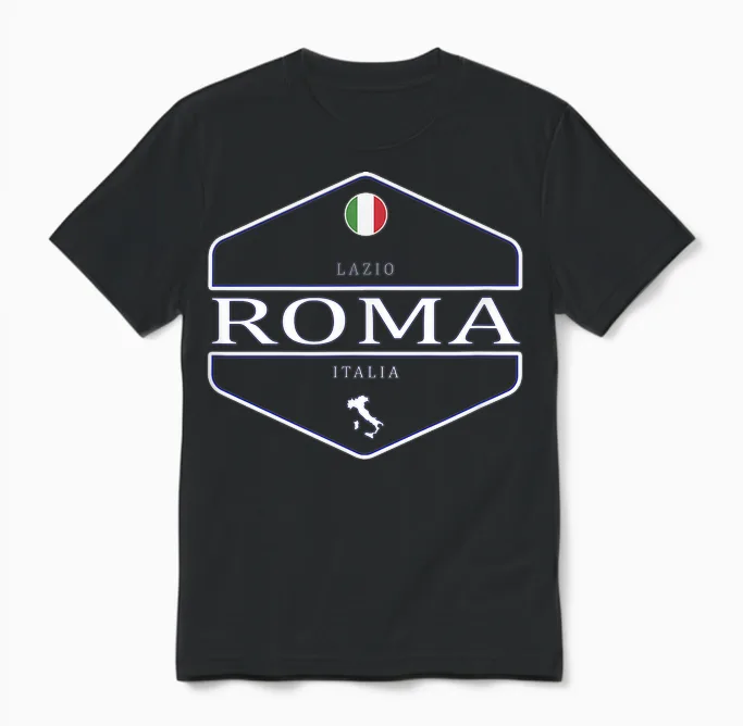 Italian Local Design Co. Damen Unisex-Erwachsene, Unisex-Kinder Schwarz Kurzarm T-Shirt Roma Lazio Italia - Rom Italien Logo Einfache Uni Retro Vintage Universität Schrift Klassisches Standard Design Unisex T-Shirt in Black