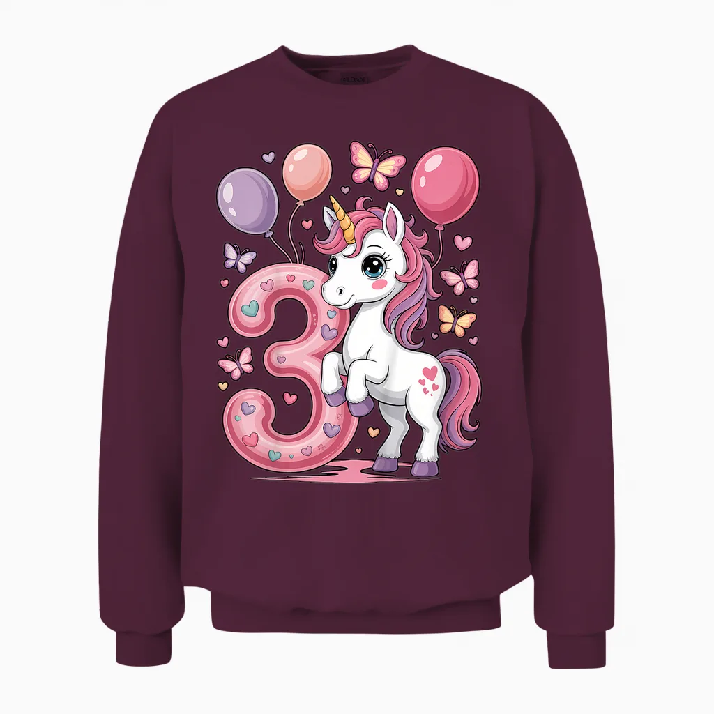 Unicorn 3rd Birthday Girl 3 Years Old Horses I Am 3 Unisex Sweatshirt in Maroon